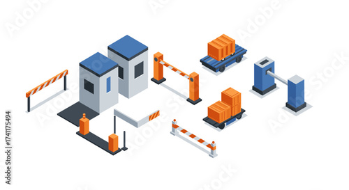 Isometric security checkpoint with barriers and boxes in modern style