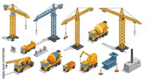 Isometric construction machinery set featuring cranes, cement trucks, and traffic cones