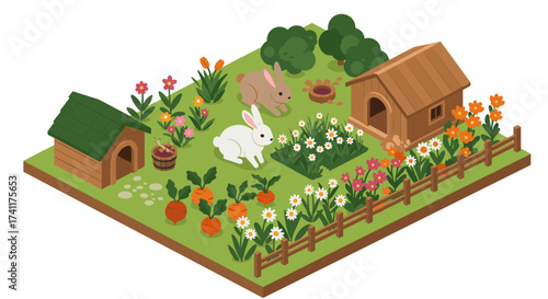 Isometric bunny garden with carrots and flowers in a countryside setting