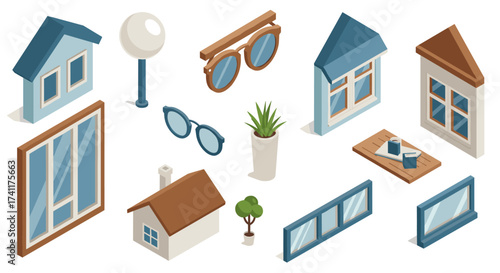 Modern isometric building and home decor elements set
