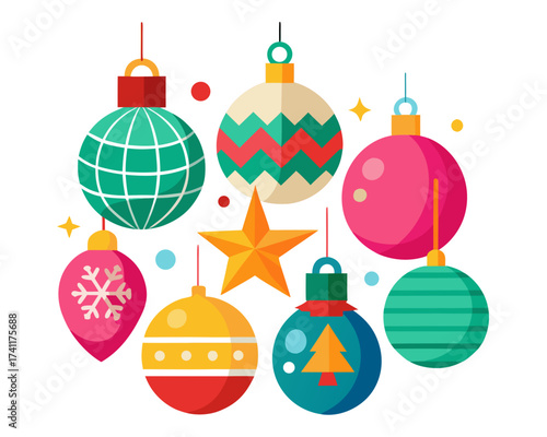 Christmas ornaments baubles set, colorful decoration, vector illustration isolated on white background