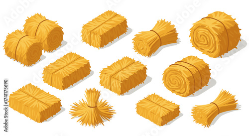 Collection of hay bales in isometric design for agriculture and farming projects