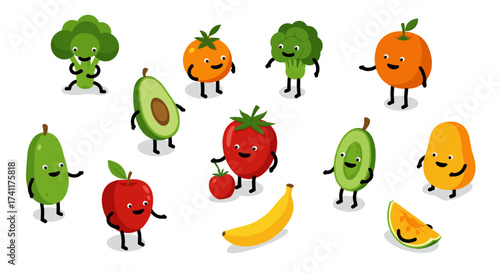 Smiling cartoon fruits and vegetables dancing with joy