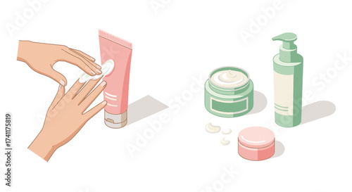 Skincare routine essentials in soft pastel colors with flat design