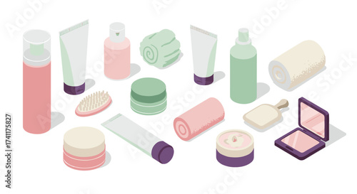 Isometric beauty products assortment with creams, rollers, and mirrors