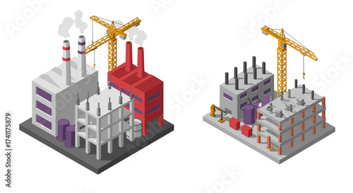 Isometric factory and construction site with cranes and machinery in industrial setting