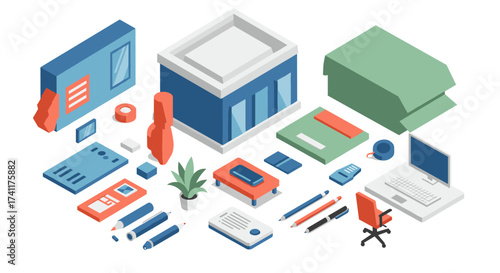 Isometric office supplies and workspace elements in modern design