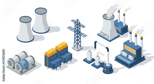 Isometric energy production icons featuring nuclear and thermal power plants