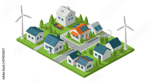 Sustainable energy community with solar panels and wind turbines in isometric design