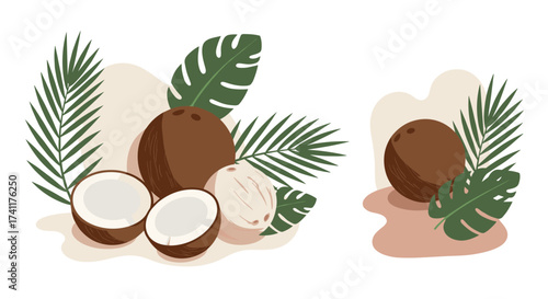 Tropical coconut arrangement with palm leaves in modern flat design