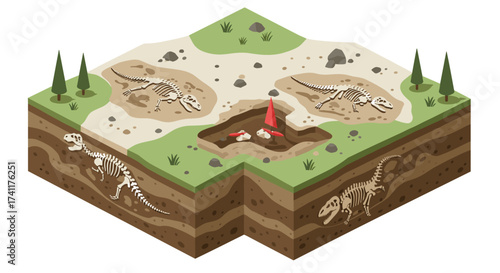 Isometric dinosaur fossil dig site with bones and paleontologists