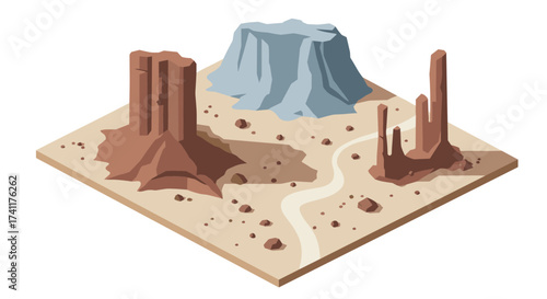 Isometric desert landscape with rocky formations and path on sand