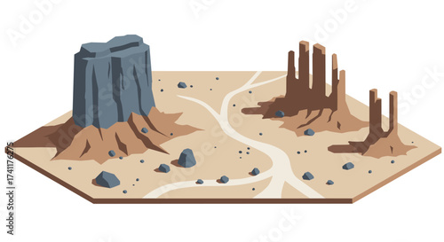 Isometric desert rock formations with sand and boulder pathway