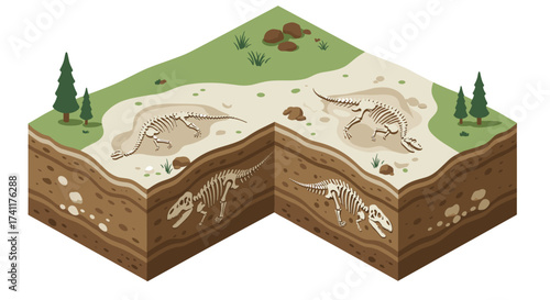 Isometric dinosaur fossils in cross-section landscape with trees and layers