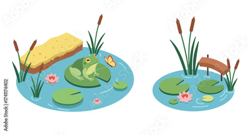 Isometric frog and pond scene with lilypads and cattails in tranquil nature setting