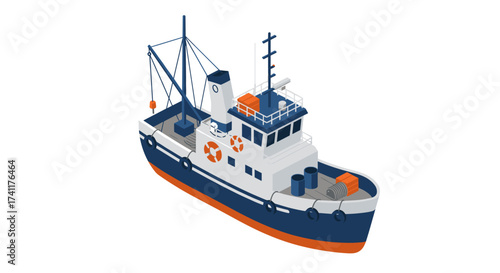 Modern isometric fishing boat with deck equipment and lifebuoys