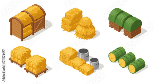 Isometric farm hay bales collection: rustic barn and harvest elements