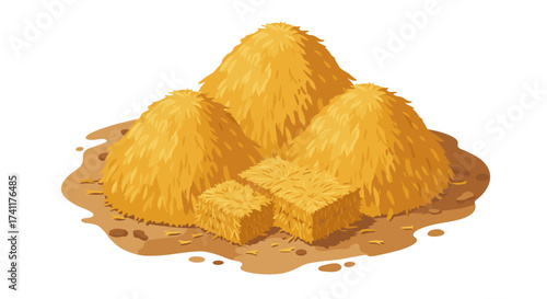 Isometric haystacks and hay bales on farm field with straw