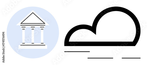 Classic bank building beside a stylized cloud. Ideal for finance, technology, online banking, modern economy, digital transformation, fintech, innovation. Simple flat metaphor
