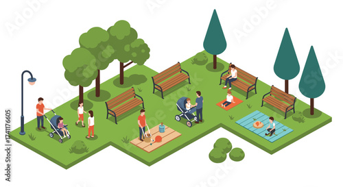 Isometric park scene with families and activities in green environment