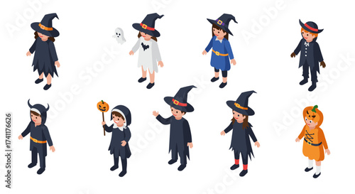 Diverse kids in halloween costumes with witch, ghost, and pumpkin themes in isometric style