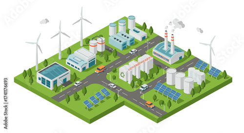 Isometric sustainable energy park with wind turbines and solar panels