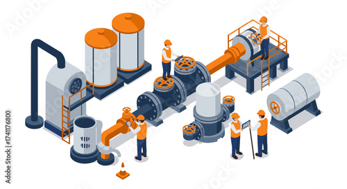 Isometric industrial pipeline and workers illustration in modern flat style