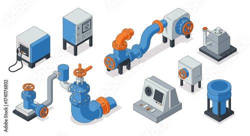 Industrial equipment set with isometric mechanical components and machinery
