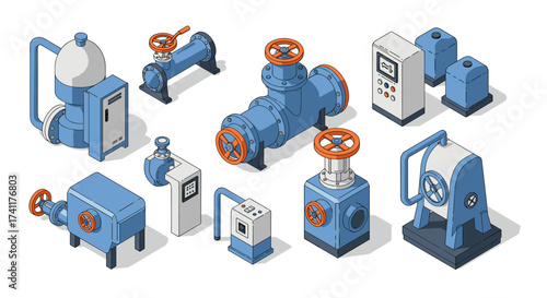 Industrial machinery set in isometric style featuring pipes and valves