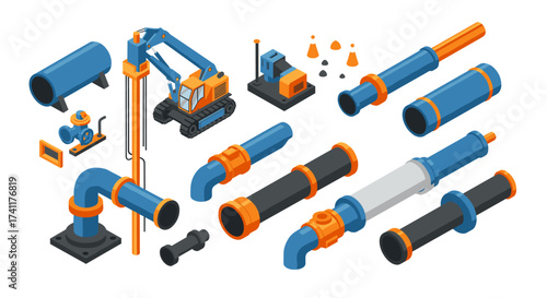 Isometric construction machinery with pipes and connectors in blue and orange theme