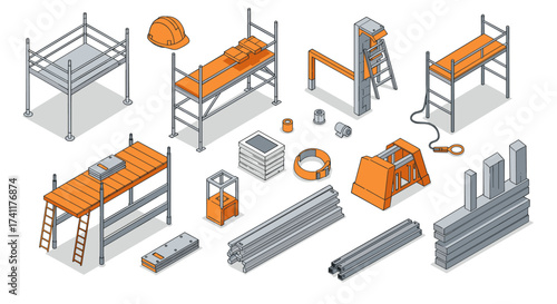 Construction equipment isometric design featuring scaffolding, tools, and materials in orange and gray