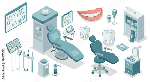 Dental clinic equipment in modern isometric style for oral health and hygiene