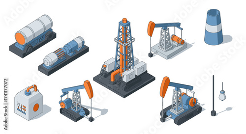 Isometric oil drilling set with machinery and equipment in blue and orange tones