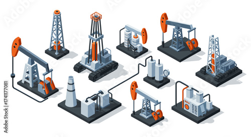 Isometric oil industry icons featuring drill rigs and pump jacks on black platforms