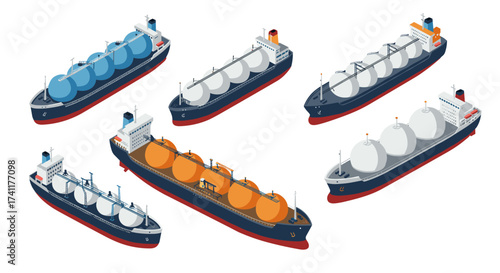 Isometric lng carrier ships illustration with varied tank designs and colors