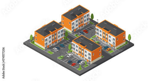 Modern isometric apartment complex with parking lot and green spaces