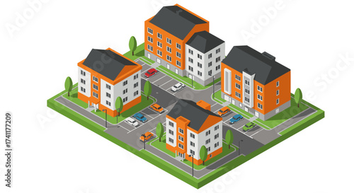 Isometric urban apartment complex with parking and landscaping