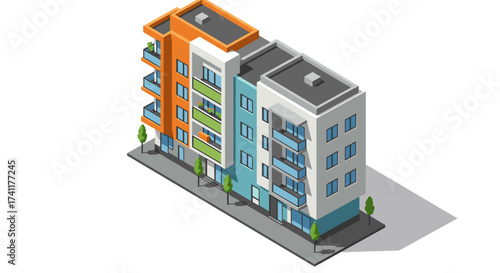 Isometric modern apartment building with vibrant colors and balconies