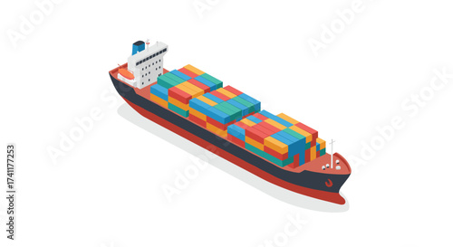 Colorful cargo container ship in isometric perspective on white background