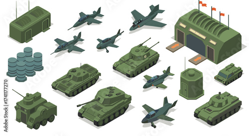 Isometric military vehicles and aircraft collection