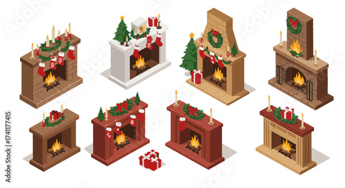 Festive isometric fireplaces adorned with christmas decorations and gifts
