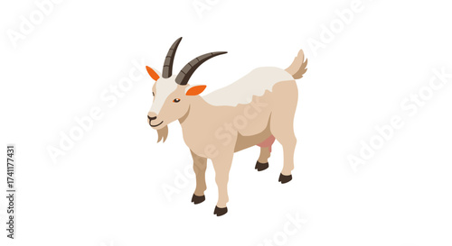 Charming goat with horns in vibrant isometric style on white background