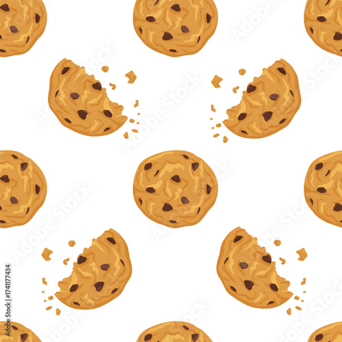 Chocolate chip cookies seamless pattern with bitten and whole cookies on white background. Vector hand drawn illustration for packaging design, wrapping paper, cafe menu, textile prints