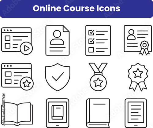 Education themed vector illustration set featuring icons of online learning  graduation and testing