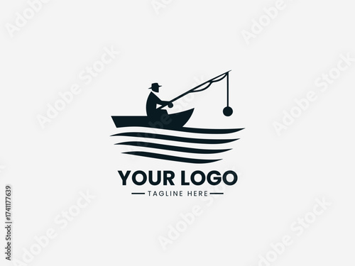 Experienced fisherman on small boat vector logo with fishing rod and calm waters for seafood company