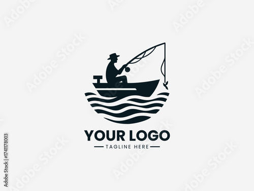 Experienced fisherman on small boat vector logo with fishing rod and calm waters for seafood company