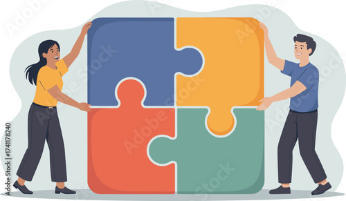 Teamwork, puzzle solving, collaboration, problem solving, business strategy, partnership, jigsaw pieces, creative solution, flat vector illustration