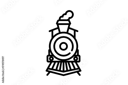 Stylized front outline of a vintage steam locomotive, an iconic illustration capturing classic railway transport, historical travel, and journeys on tracks