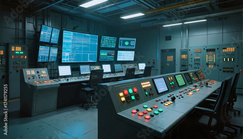 Wallpaper Mural Energy control room, modern monitoring station with multiple screens and control panels Torontodigital.ca