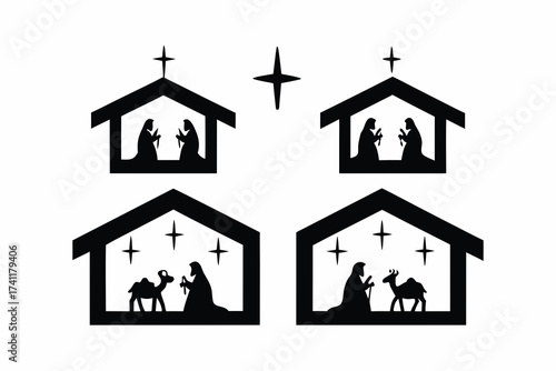 set of Christmas nativity scene with star of Bethlehem icon, vector silhouette 